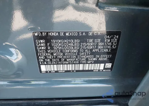 2024 Honda Hr-V 2Wd Ex-L/2Wd Ex-L W/O Bsi from USA, damaged, VIN 3CZRZ1H70RM757408